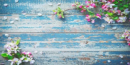 AOFOTO 20x10ft Rustic Blue Wood Planks Photography Backdrop Spring Floral Theme Flower Petal Branches Wooden Board Background Flat Lay Vintage Peeling Off Grunge Hardwood Infant Baby Portrait Props - size: 20x10ft