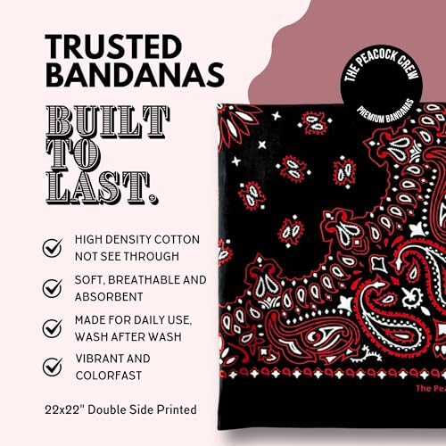The Peacock Crew Premium Soft Cotton Bandanas Pack for Men and Women Paisley 22 x 22 inches - color: Pack of 10 Black Gothic
