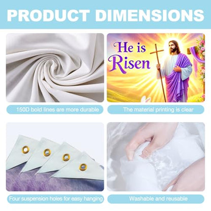 BlissYard Happy Easter Banner 71x43 Inch He is Risen Easter Backdrop Spring Christian Cross Lily Jesus Photography Background Religious Party Decorations Photo Banner Booth Studio Props - color: He is Risen Banner#1