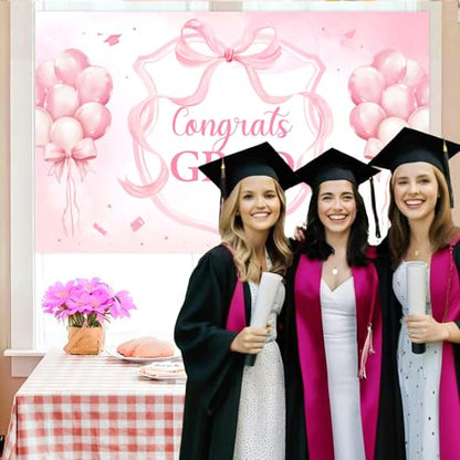 Congrats Grad Decorations Backdrop Banner Pink 5.9×3.6 ft, Bow Graduation Decorations Backdrop Background Photo Booth Prop Vinyl for Girl Class of 2026 Congrats Grad Congratulations Party - size: 5.9*3.6ft