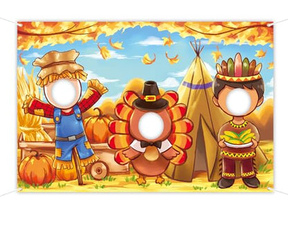 Thanksgiving Face in Hole Backdrop 5 x 3.3 ft, Scarecrow Turkey Indian Face Cutout Photo Props, Friendsgiving Party Photography Background, Fall Festival Turkey Day Decoration Kids Photo Booth Props
