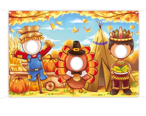 Thanksgiving Face in Hole Backdrop 5 x 3.3 ft, Scarecrow Turkey Indian Face Cutout Photo Props, Friendsgiving Party Photography Background, Fall Festival Turkey Day Decoration Kids Photo Booth Props