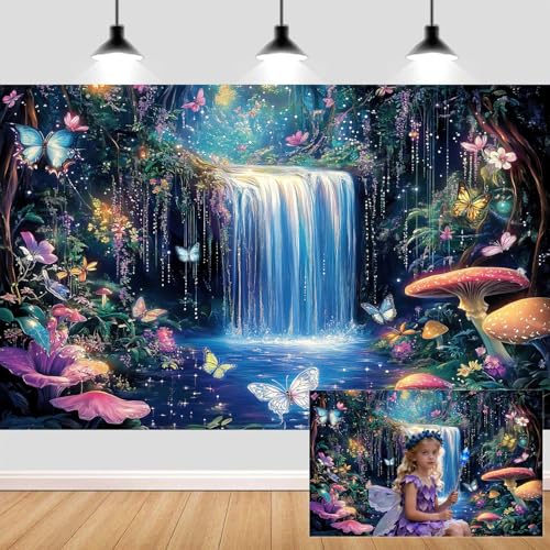12X10ft Enchanted Forest Photography Backdrop Fantasy Wonderland with Waterfall Mushroom Floral Butterfly Magic Landscape Photo Booth Props for Party Decorations Studio Shoots - color: Multi6, size: 12X10ft