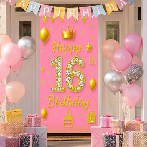 HOMETITUTE Sweet 16 Birthday Door Cover 71x35 Inch Pink and Gold Banner for Girl Birthday Party Decorations Sixteen Backdrop Sign for Porch Wall Party Supplies - color: Pink and Gold Sweet 16