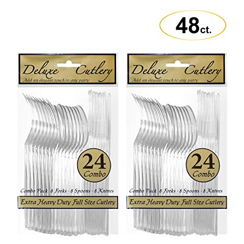Party Essentials Extra Heavy Duty Hard Plastic Cutlery Combo Pack, Full Size Knives/Forks/Spoons, Clear, 48-Pieces/ 16-Place Settings (N1224CL-2) - color: Clear, size: 48-Pieces/ 16-Place Settings