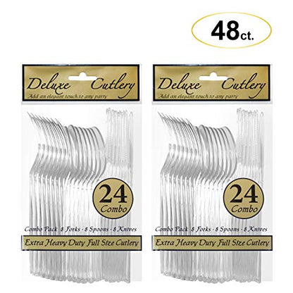 Party Essentials Extra Heavy Duty Hard Plastic Cutlery Combo Pack, Full Size Knives/Forks/Spoons, Clear, 48-Pieces/ 16-Place Settings (N1224CL-2) - color: Clear, size: 48-Pieces/ 16-Place Settings