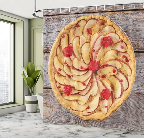 Ambesonne Dessert Shower Curtain, Photo of an Apple Pie with Raspberries on a Rustic Background Printwork, Cloth Fabric Bathroom Decor Set with Hooks, 69" W x 70" L, Pastel Brown and Ruby - color: Pastel Brown and Ruby, size: 69" W x 70" L