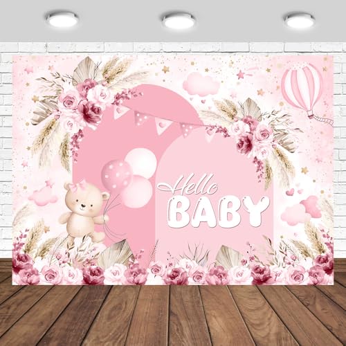 Boho Baby Shower Backdrop 7x5ft Pink Floral Hello Baby Girls Photography Background Bear Theme Bohemian Party Decorations Banner Photo Booth Props - color: Pink