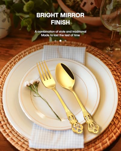 Stapava 40 Pcs Retro Royal Gold Silverware Set, Stainless Steel Gold Utensils Cutlery Set for 8, Gorgeous Flatware Set Include Forks Spoons and Knives set, Dishwasher Safe, Mirror Polished - style: Retro Royal Gold