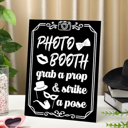 Briwooody Photo Booth Sign with Stand Retro Background Table for Indoor and Outdoor Party Theme Event Photography Props Desktop Decoration Supplies - style: Classic