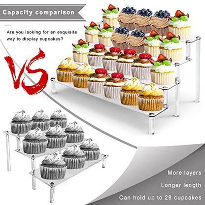 KALYLOC 2Pcs Acrylic Riser Shelf Display Stand, 4 Tier Clear Display Shelf Action Figures Holder, Collectibles Shelf for Toys Cupcakes Dessert Jewels Figurines(15.7x10.5x7.5inch)