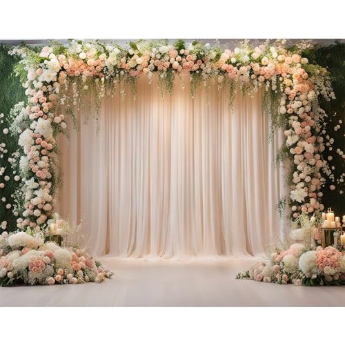 7x5ft Wedding Ceremony Backdrop, Luxury Elegant Style Wedding Backdrops, Party Arch Design, Decorated with Pink White Flowers Banner Props - size: 7x5ft