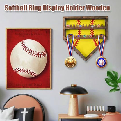 Softball Baseball Ring Holder Display Case, Championship Ring Display case Wood, 24 Ring Posts, Sports Medal Wall Mount Display Shelft Box for Girl Women - color: Light Green