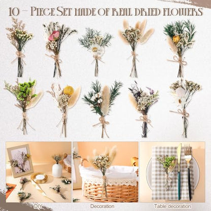 Nuanchu 10 Pcs Mini Dried Flower Bouquet Mixed Natural Dried Flowers with Stem Boho Plant Stem Bunch for DIY Craft Card Home Party Photo Props Wedding Decor, 5 to 6 inches(Boho Styles) - style: Boho Styles