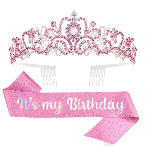 YISSION Birthday Tiara and Sash Set, Pink Rhinestone Crown with Combs & Glitter "It's my Birthday" Sash for Women, Birthday Party Decorations, Photo Props & Party Favors - color: Pink
