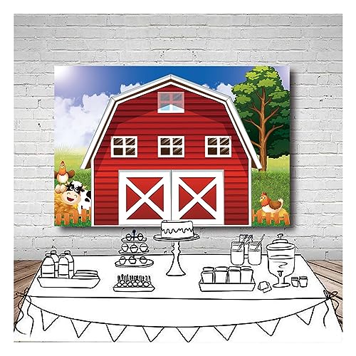 Cartoon Farm Photography Backdrop 7x5ft Animals Rustic Farmhouse Red Barn Photo Background for Kids Birthday Party Decoration Barnyard Baby Shower Newborn Photobooth Banner - size: 7x5 FT