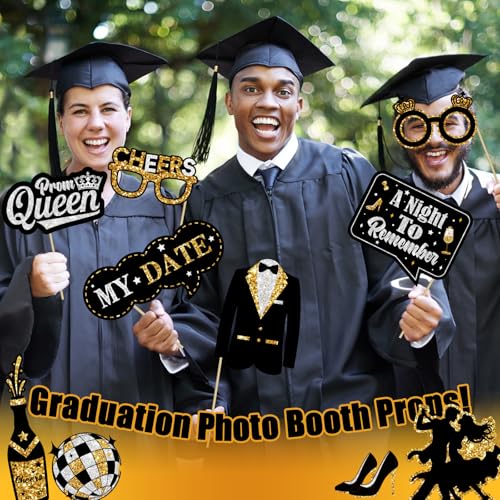 Prom Photo Booth Props, 39Pcs Black Gold and Silver Prom Send Off Decorations Photo Booth Props for Masquerade Party Decorations for Home Office Decoration
