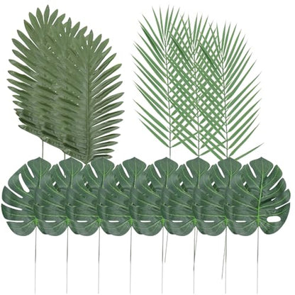 14pcs Faux Artificial Plant Leaves Set – Lifelike Monstera, Palm, and Leaf Simulation Props for Photography, Food Styling, Home Décor, and Party Backgrounds