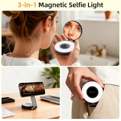 Magnetic Selfie Light for iPhone with Mirror Foldable Magnetic Fill Light with Sticky Ring for Android Rechargeable Portable Phone Ring Lights for Selfies, Video, Makeup, Vlog, Tiktok, CRI95