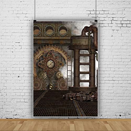 8x10ft Polyester Antique Vintage Rusty Steampunk Backdrop Industrial Gear Metal Clock Old Metal Gearwheel Photography Background Steam Machine Nostalgia Iron Chain Pipelines Photo Props - color: Black 10452, size: 8x10ft-Polyester