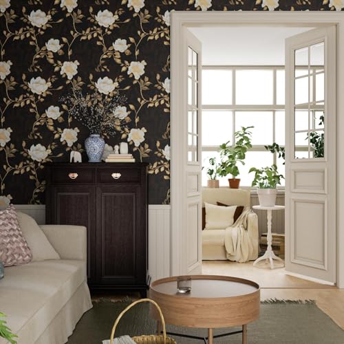 Laatse Black Golden Floral Peel and Stick Wallpaper Flowers Contact Paper 17.5" x 393" Self Adhesive Waterproof Vintage Dark Floral Wall Paper for Shelf Liner Cabinet Decor - color: Dark and Gold, size: 17.5" x 393"