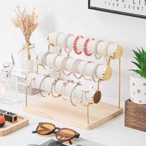 Bracelet Holder, Bracelet Displays for Vendors, 3 Tier Jewelry Organizer Stand for Selling, Jewelry Necklaces Storage Rack with Wood Base (Beige+Gold)