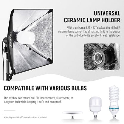 NEEWER 24x24in/60x60cm Softbox with E26 Porcelain Socket/Power Cord/White Diffuser/Stand Adapter, Durable Nylon Softbox Lighting Modifier for Studio Photography Lighting, SF6060 (US Plug) - size: 60X60cm