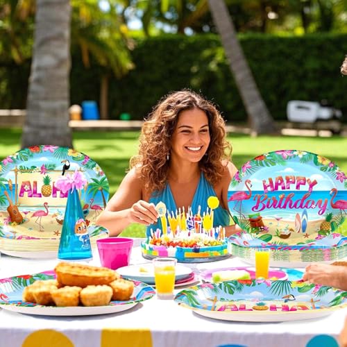 50Pcs Hawaiian Luau Oval Paper Plates 10" x 12" Large Disposable Heavy Duty Tropical Flamingo Party Platters Summer Aloha Dessert Plates for Holiday Beach Birthday Dinner Party Decorations Supplies - style: 50Pcs Beach Luau Oval Paper Plates