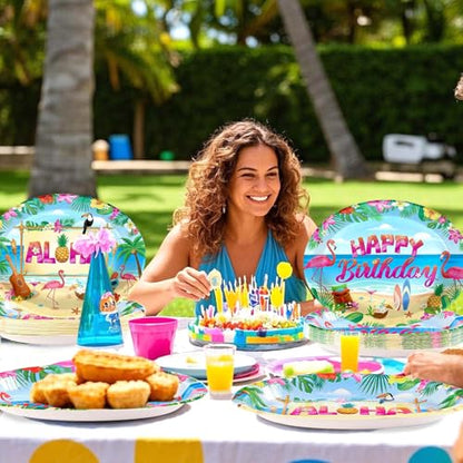50Pcs Hawaiian Luau Oval Paper Plates 10" x 12" Large Disposable Heavy Duty Tropical Flamingo Party Platters Summer Aloha Dessert Plates for Holiday Beach Birthday Dinner Party Decorations Supplies - style: 50Pcs Beach Luau Oval Paper Plates