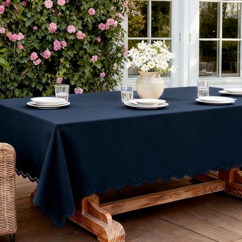 Rectangle Outdoor Tablecloth Linen Textured Waterproof & Stain Resistant Table Cloth Boho Decorative Scalloped Cutouts Farmhouse Table Cover for Dining Tables, Party, Camping, 55 x 84 Inch, Navy Blue - color: Navy Blue, size: 84" x 55" (Rectangular)