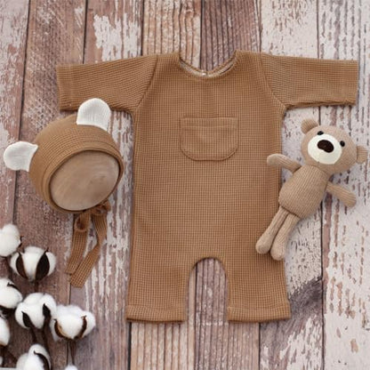 Newborn Baby Photo Shoot Props Girl Boy Crochet Knit Hat Costume Stripe Hat Pants Overalls Photography Props - color: Camel