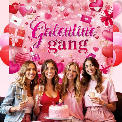 Galentine Gang Banner Backdrop 7x5FT Galentines Day Pink Cosmetics Love Heart Photography Background Valentines Girls Bestie Friend Theme Party Decorations Photo Props