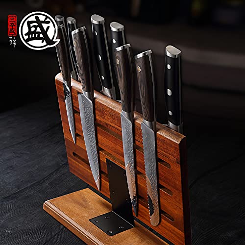MITSUMOTO SAKARI Japanese Magnetic Knife Holder, 12.5-Inch Acacia Wood Double Sided Knife Block, Heavy Duty Magnet Stand for Chef & Steak Knives