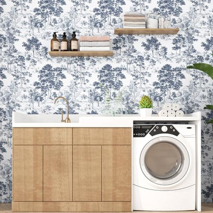 Extra Long Navy Toile Tree Peel and Stick Wallpaper, 17.5In x 393In Toile de Jouy Navy White Design Self-Adhesive Waterproof Wall Paper for Bedroom Kitchen Power Room Vinyl Contact Paper - color: White/Navy, size: 17.5" x 393"