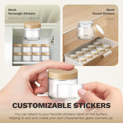 2 oz Small Glass Jars with Lids, Bumobum Clear Cosmetic Jars with Plastic Woodgrain Lids, 60ml Refillable Empty Containers for Lotion, Cream, Salve, Powders, 6 Pack - color: 2oz-6pack