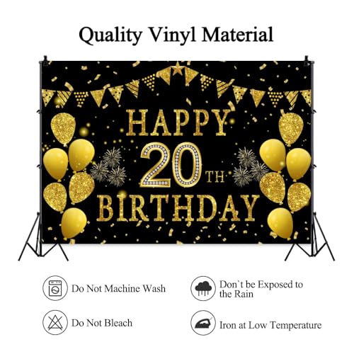 5x3ft Happy 20th Birthday Party Photography Backdrop, Glitter Black and Gold Balloons Background for Woman Man 20 Bday Shining Diamond Twenty Years Old Birthday Party Supplies - color: 20th, size: 5x3ft