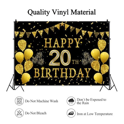 9x6ft Happy 20th Birthday Party Photography Backdrop, Glitter Black and Gold Balloons Background for Woman Man 20 Bday Shining Diamond Twenty Years Old Birthday Party Supplies - color: 20th, size: 9x6ft