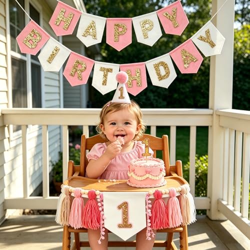 First Birthday Decorations For Girl- Felt Happy Birthday Banner Pink Gold 1st Birthday High Chair Decorations,Birthday Topper Party Hat,Boho Pink Gold 1st Birthday Party Supplies For Girl - color: Pink