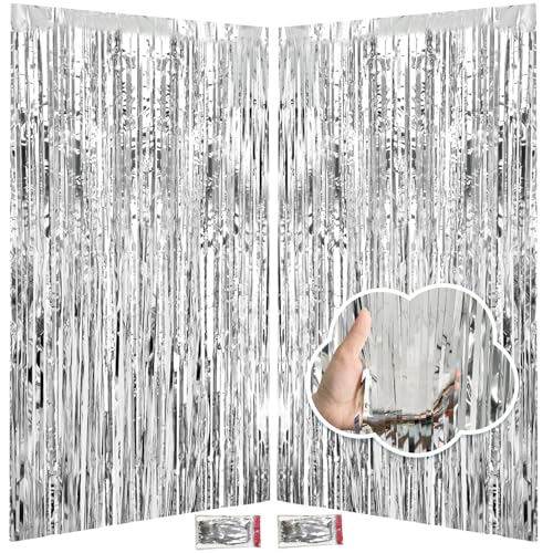 Silver Tinsel Backdrop Party Decorations 3.3x8.2ft, 2 Pack Foil Fringe Curtains Door Decorations Hanging, Silver Streamers Photobooth for Birthday Easter Christmas Bachelorette Disco Bridal Shower - color: Silver