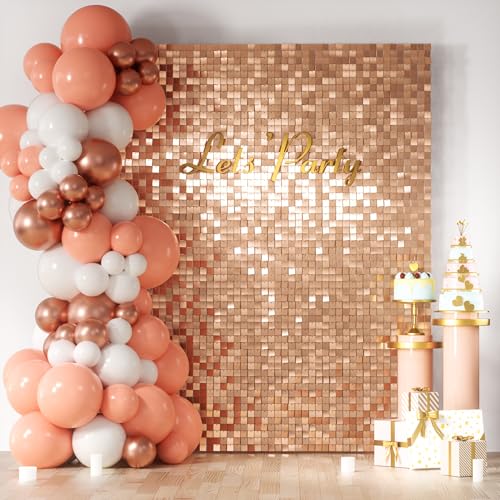 COKAOBE Rose Gold Shimmer Wall Backdrop, 24PCS Square Sequin Shimmer Backdrop Panels, Photo Backdrops for Birthday, Anniversary Wedding Engagement Decoration - color: Rose Gold, size: 24pcs (6x4ft)