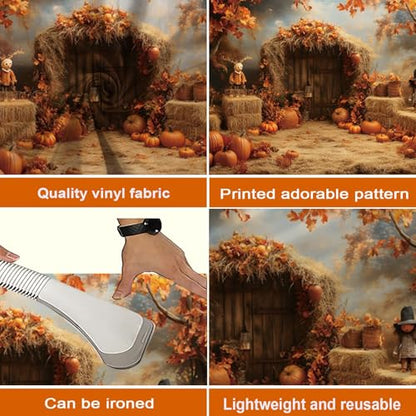 Fall Thanksgiving Backdrop 12x10ft Vinyl Autumn Pumpkin Maple Leaves Harvest Scarecrow Rustic Wood Door Photoshoot Photography Background Decorations Baby Birthday Portrait Studio Booth Props - size: 12X10FT