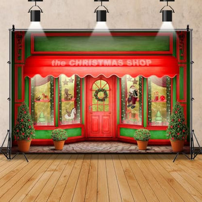 AOFOTO 12x8ft Red Christmas Shop Backdrop Front Door of Xmas Display Window Santa's Toy Store Photography Background Holiday New Year Party Banner Kids Baby Child Adult Portrait Photo Studio Props - size: 12x8ft