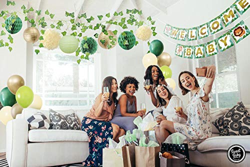 Sweet Baby Co. Jungle Theme Safari Baby Shower Decorations with Banner, Animal Centerpieces, Tropical Leaves, Greenery Garland, Lantern, Pom Poms, Oh Baby Balloons, Neutral Party Supplies for Boy Girl