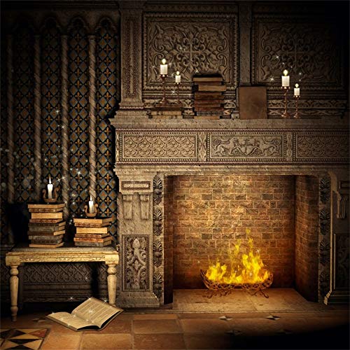 Laeacco Fantasy Room Interior Backdrop 6.5x6.5ft Vinyl Photography Background Flame and Fireplace Magical Books Candle Retro House Background - size: 6.5x6.5ft