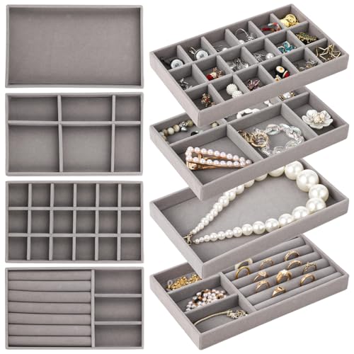 Homaisson Jewelry Drawer Organizer, Velvet Jewelry Tray, Multiple Compartment Layout, Set of 4 Jewelry Organizer for Rings, Earrings, Bracelets, Necklaces (Grey) - color: Grey