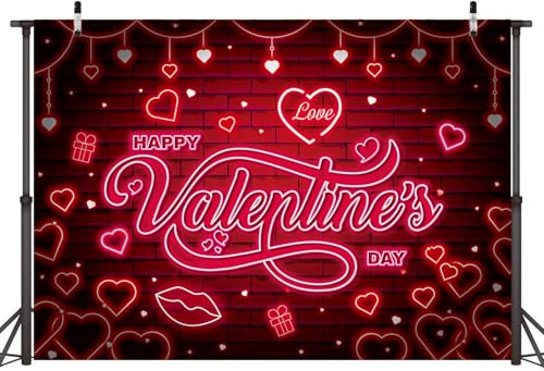Valentines Banner Backdrop 7x5FT Red Glitter Heart Neon Valentine's Day Photography Background Valentines Theme Party Decorations Photo Props