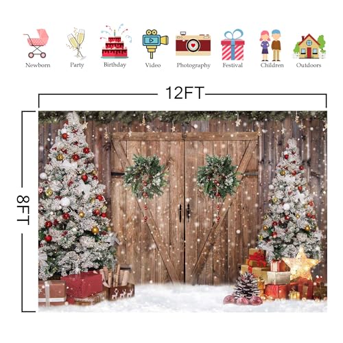 12x8FT Polyester Fabric Winter Christmas Rustic Barn Wood Door Photography Backdrop Xmas Tree Snow Background Banner for Family Holiday Party Decoration Supplies Photo Studio Props Pictures - size: 12'x8'