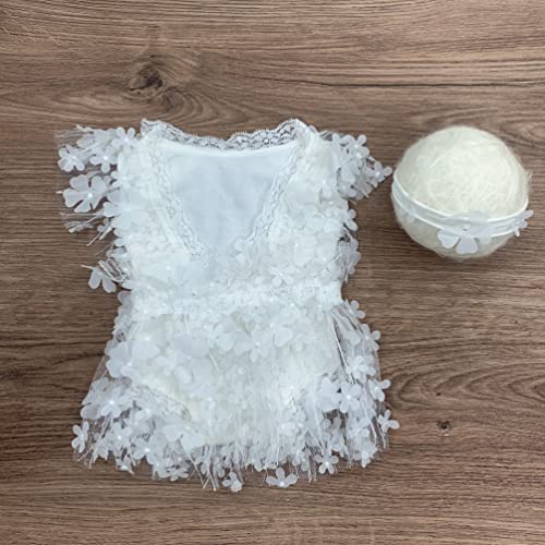 Baby Photography Props Outfit Lace Rompers Newborn Girl Photo Shoot Outfits Flower Headband Princess Costume - color: White C