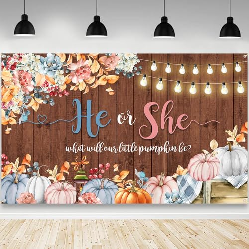 AIBIIN Pumpkin Gender Reveal Backdrop He or She What Will Our Little Pumpkin Be Photography Background Rustic Wood Fall Gender Reveal Party Decorations Photo Booth Props 94.5 x 70.8 inch - color: Blue Pink 1, size: 94.5x70.8inch