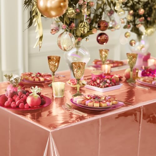 2pcs Rose Gold Foil Tablecloth 54*72inch Plastic Weddng Birthday Party Table Cloths Disposable Waterproof Table Cover for Elegant Event Anniversary Baby Shower Graduation Party Supplies - color: Rose Gold